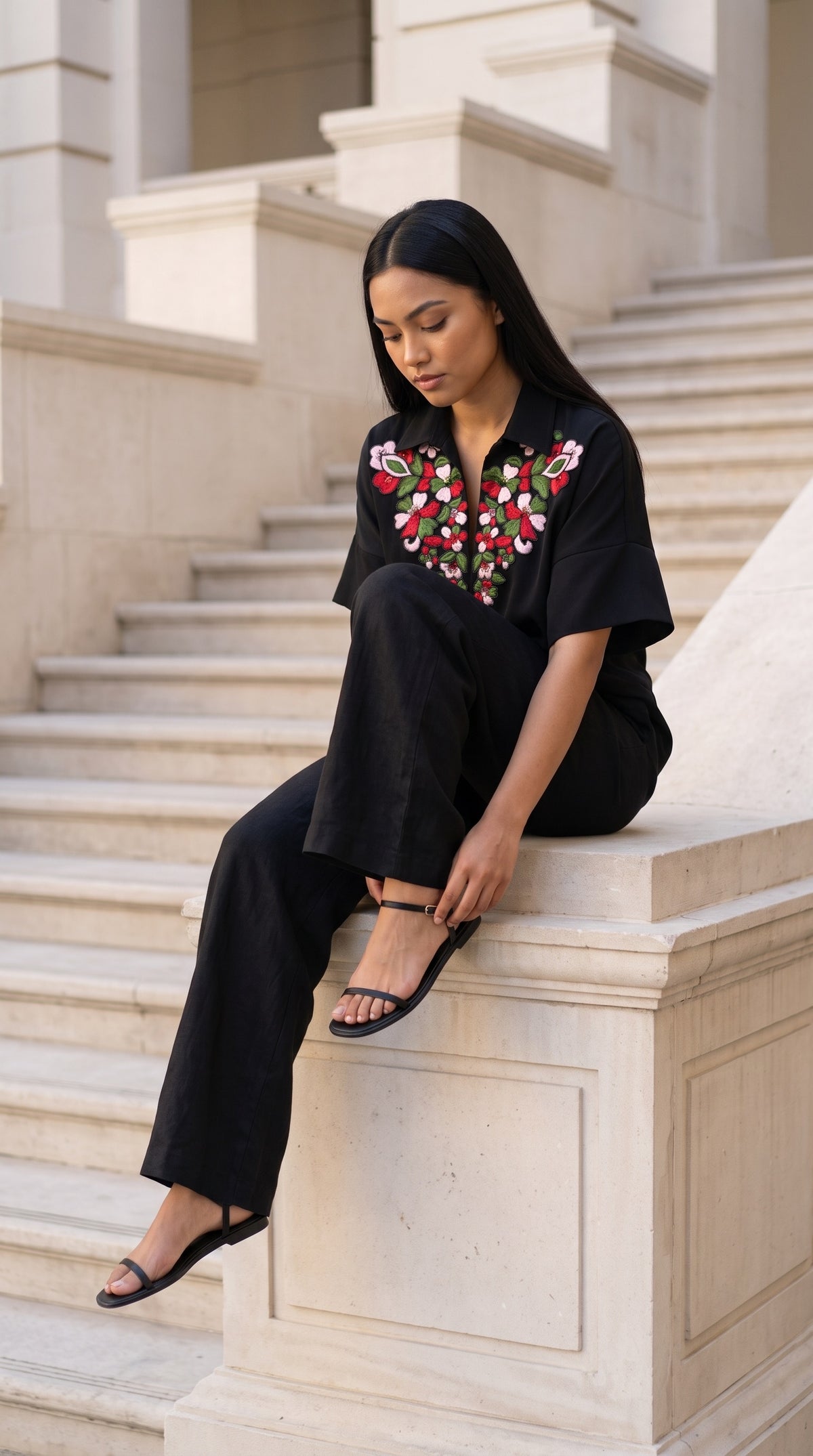 Hand-Embroidered Floral Crepe Top