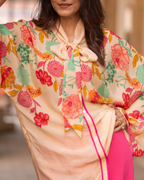 Blush Bloom Chiffon printed oversized top with crepe pants