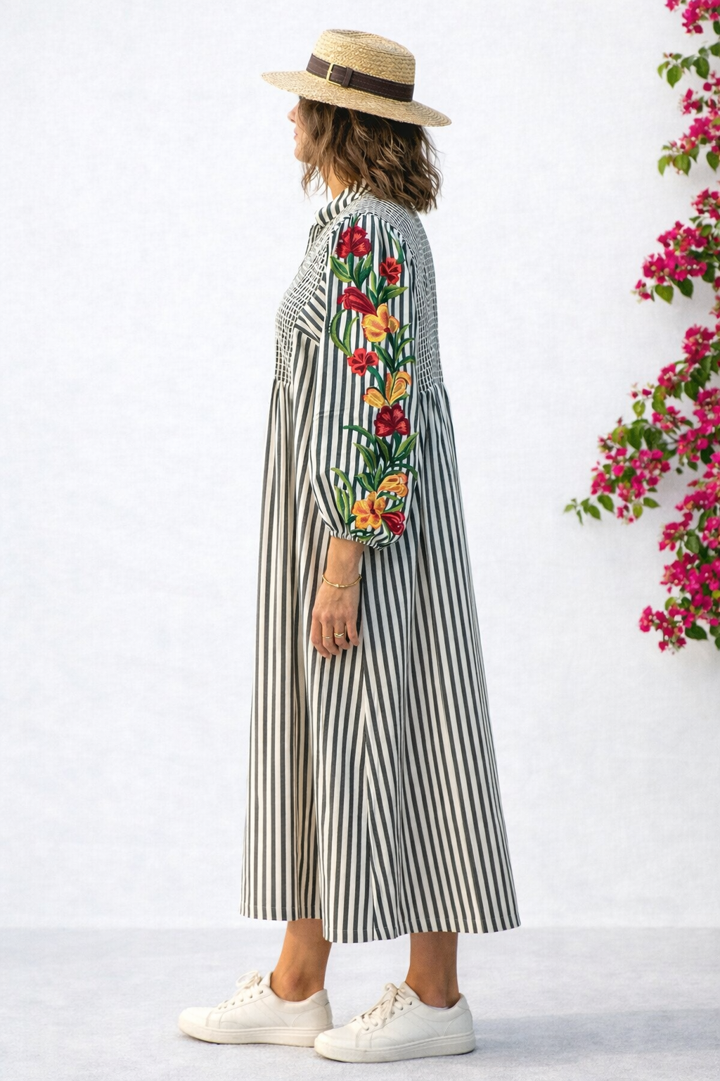Dress with Smocked Yoke & Embroidered Sleeves