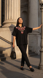 Hand-Embroidered Floral Crepe Top