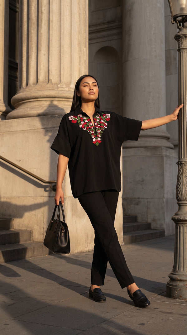 Hand-Embroidered Floral Crepe Top