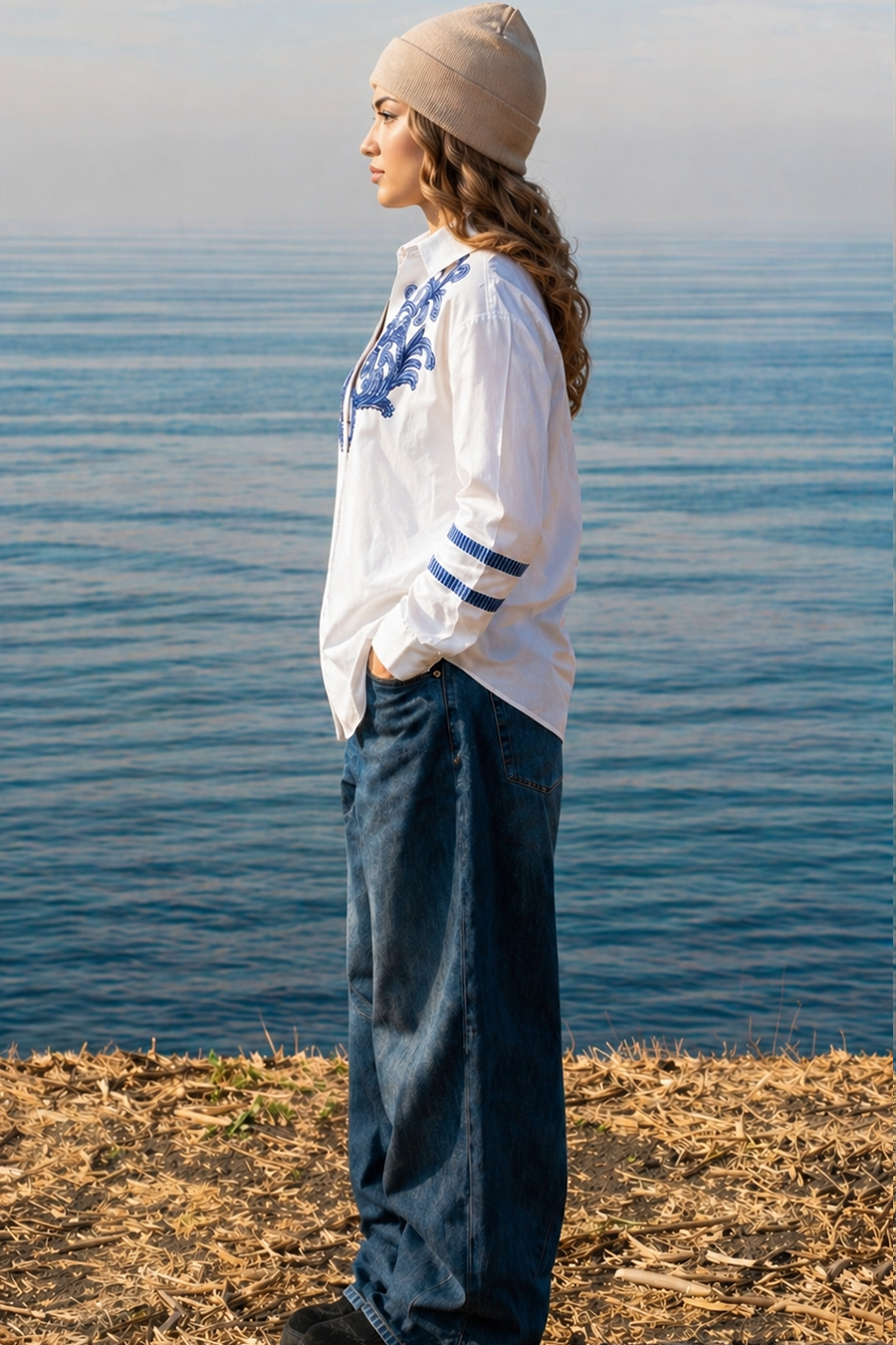 White Cotton Embroidered Shirt with Sleeve Detailing