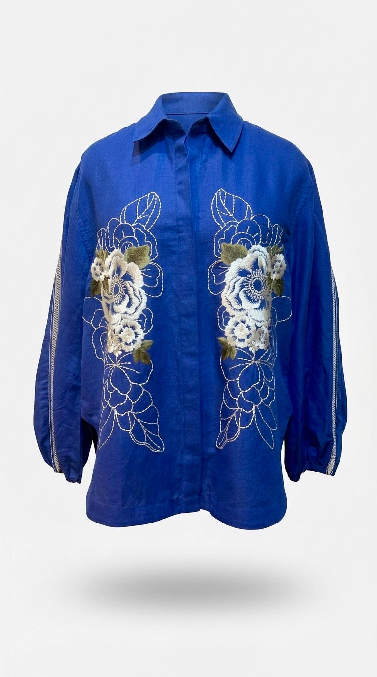 Royal Blue Linen Embroidered Shirt