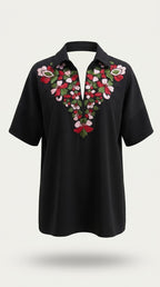 Hand-Embroidered Floral Crepe Top
