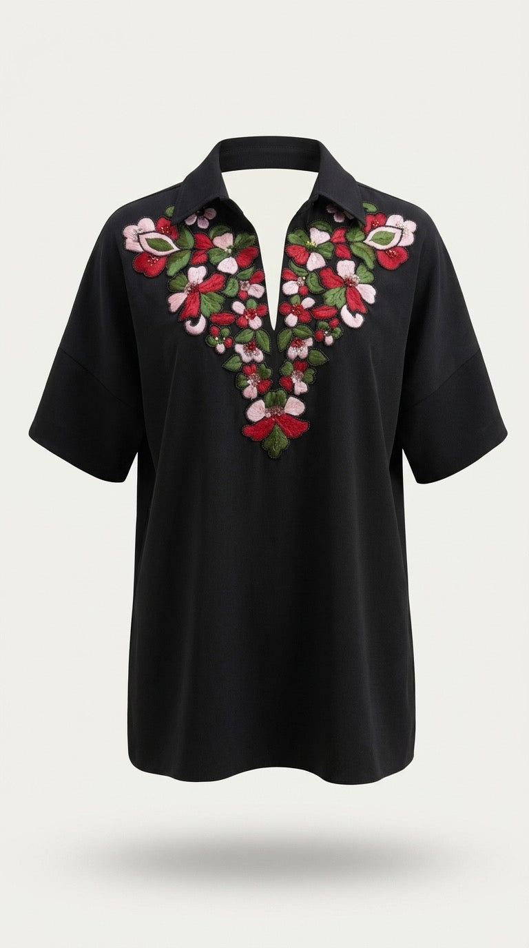 Hand-Embroidered Floral Crepe Top
