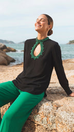 Black Emerald Crystal Hand-Embroidered Crepe Top