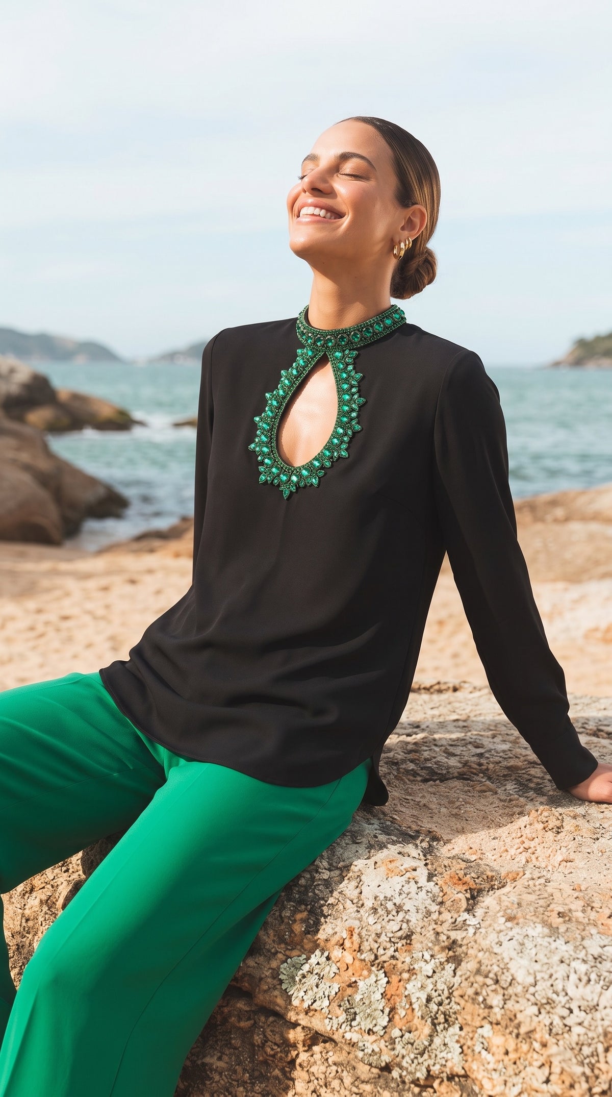 Black Emerald Crystal Hand-Embroidered Crepe Top