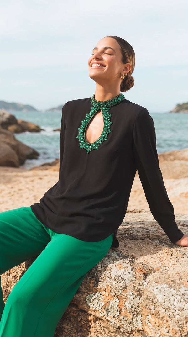 Black Emerald Crystal Hand-Embroidered Crepe Top