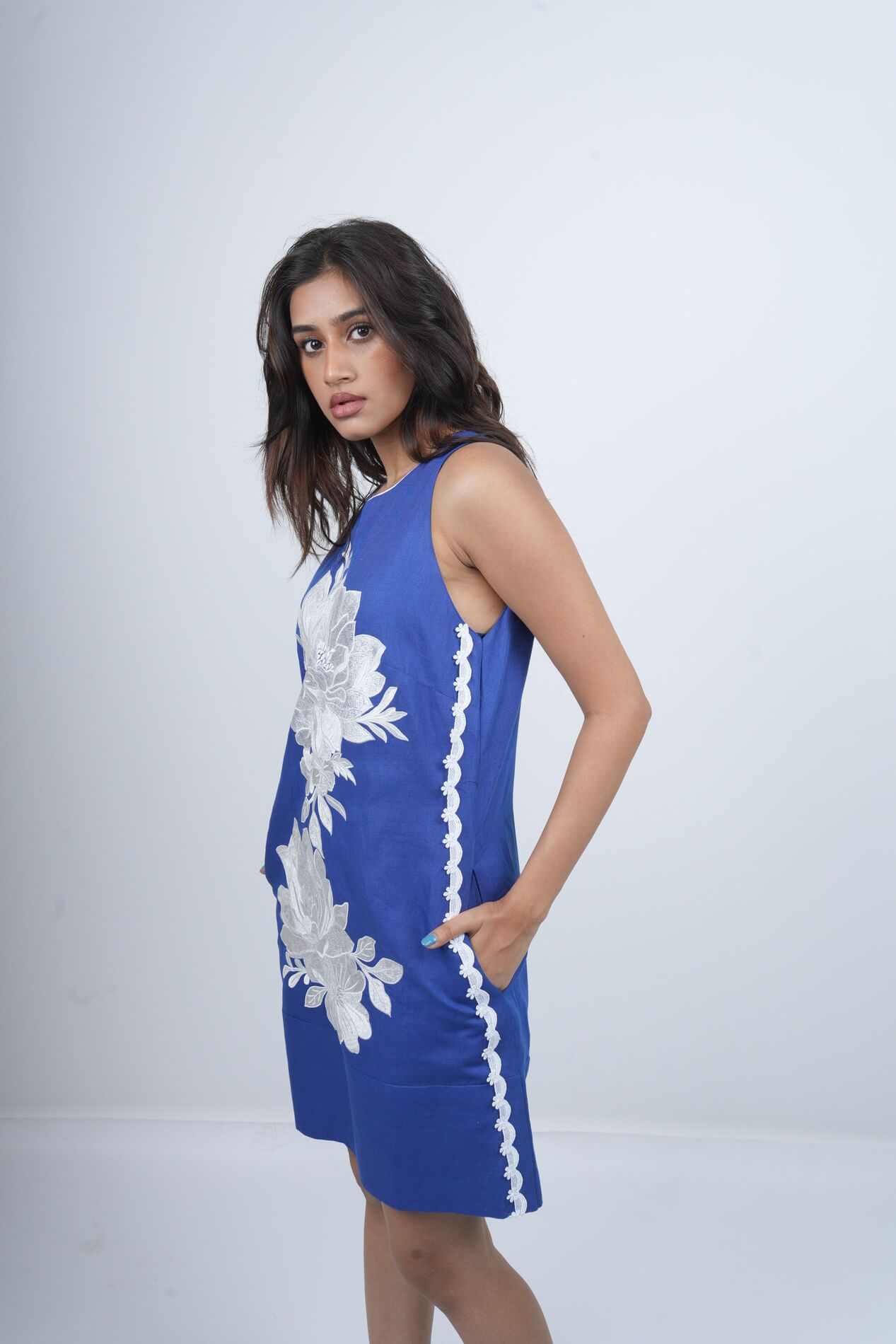 Azure Bloom Embroidered Linen Dress