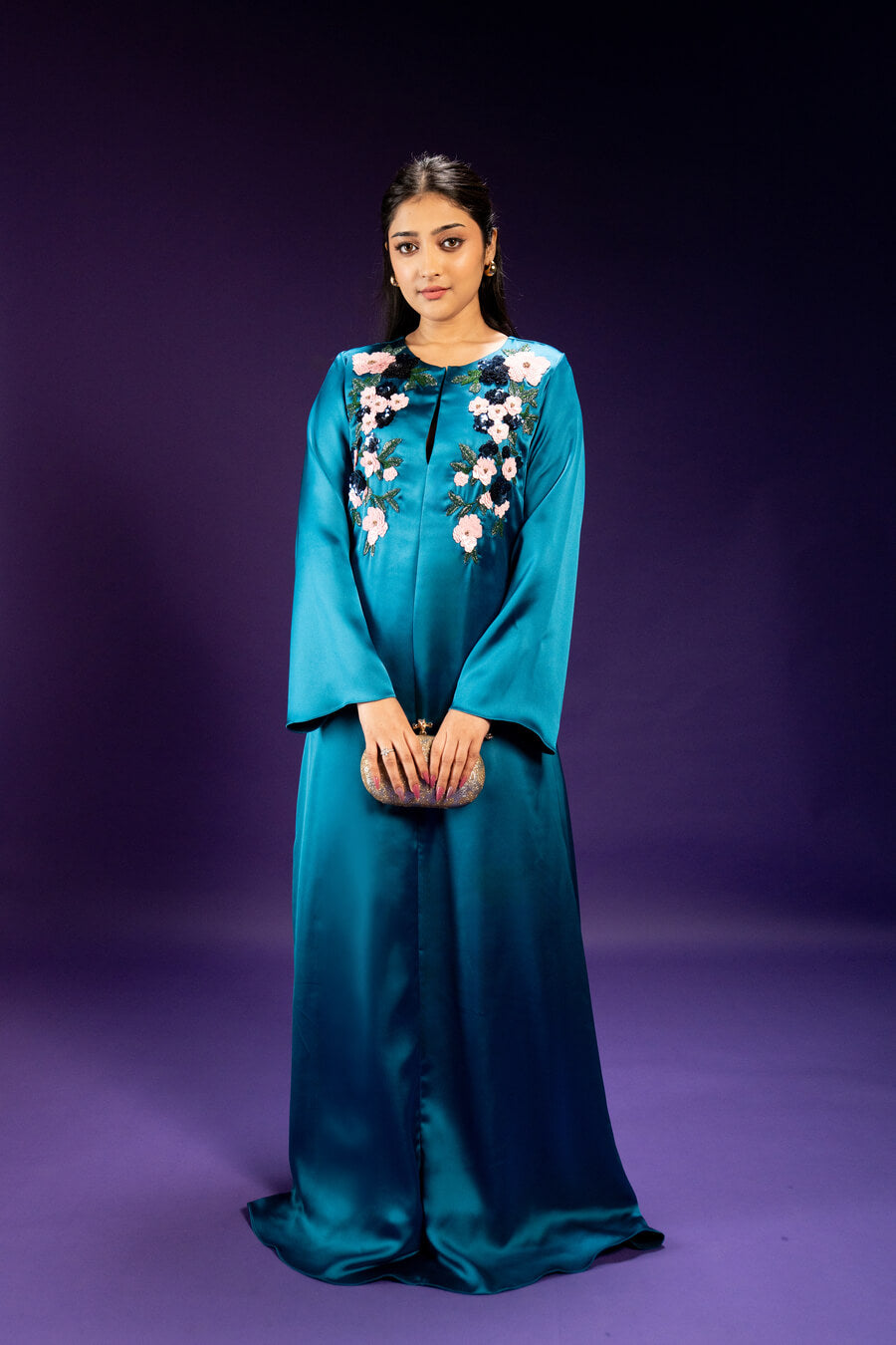 Midnight Teal Satin crepe Kaftan