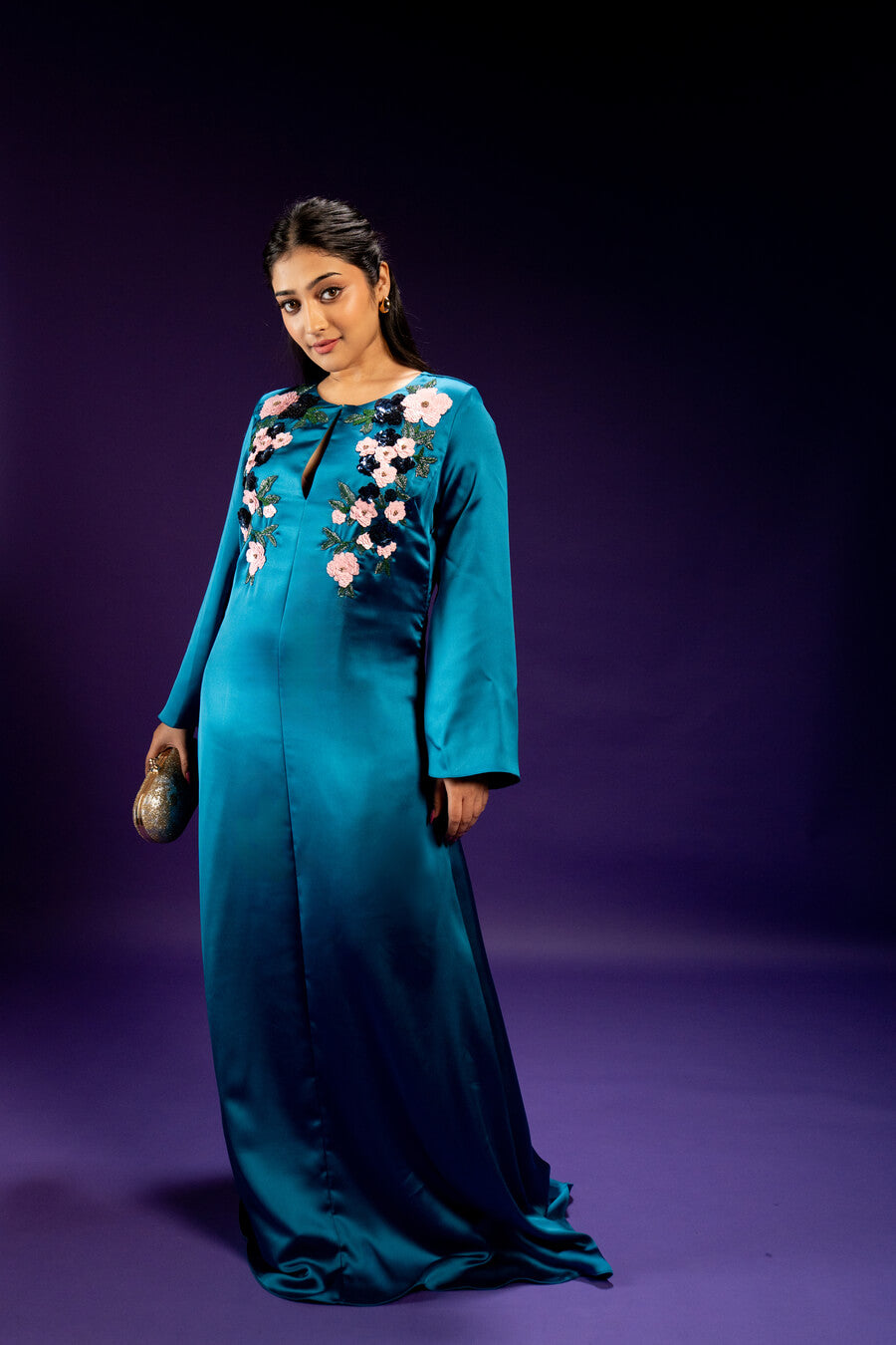 Midnight Teal Satin crepe Kaftan