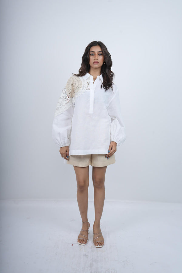 Desert Lace white Linen Shirt with natural linen shorts  Co-ord set