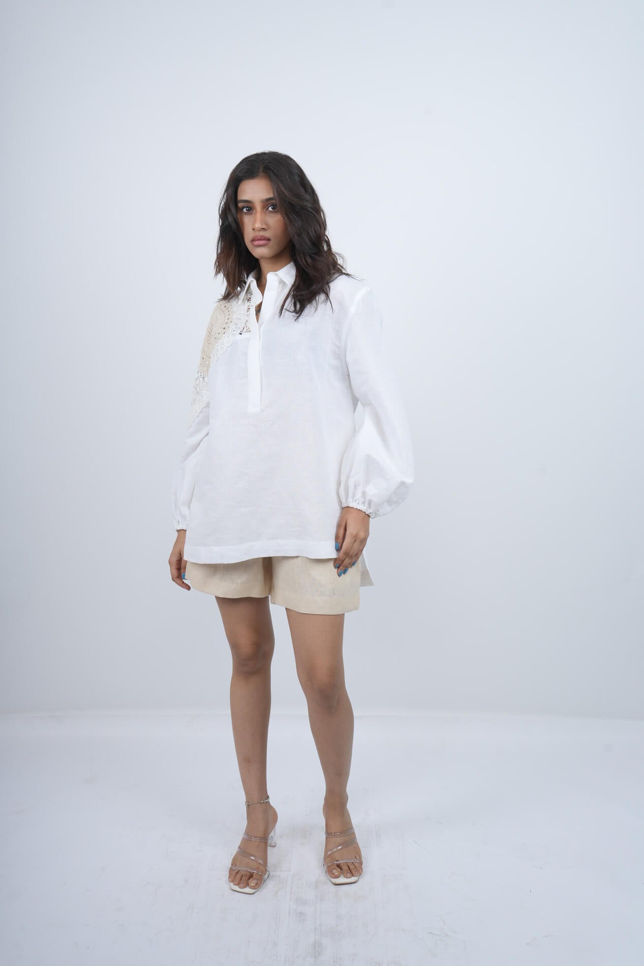 Desert Lace white Linen Shirt with natural linen shorts  Co-ord set