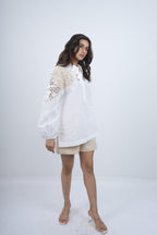 Desert Lace white Linen Shirt with natural linen shorts  Co-ord set