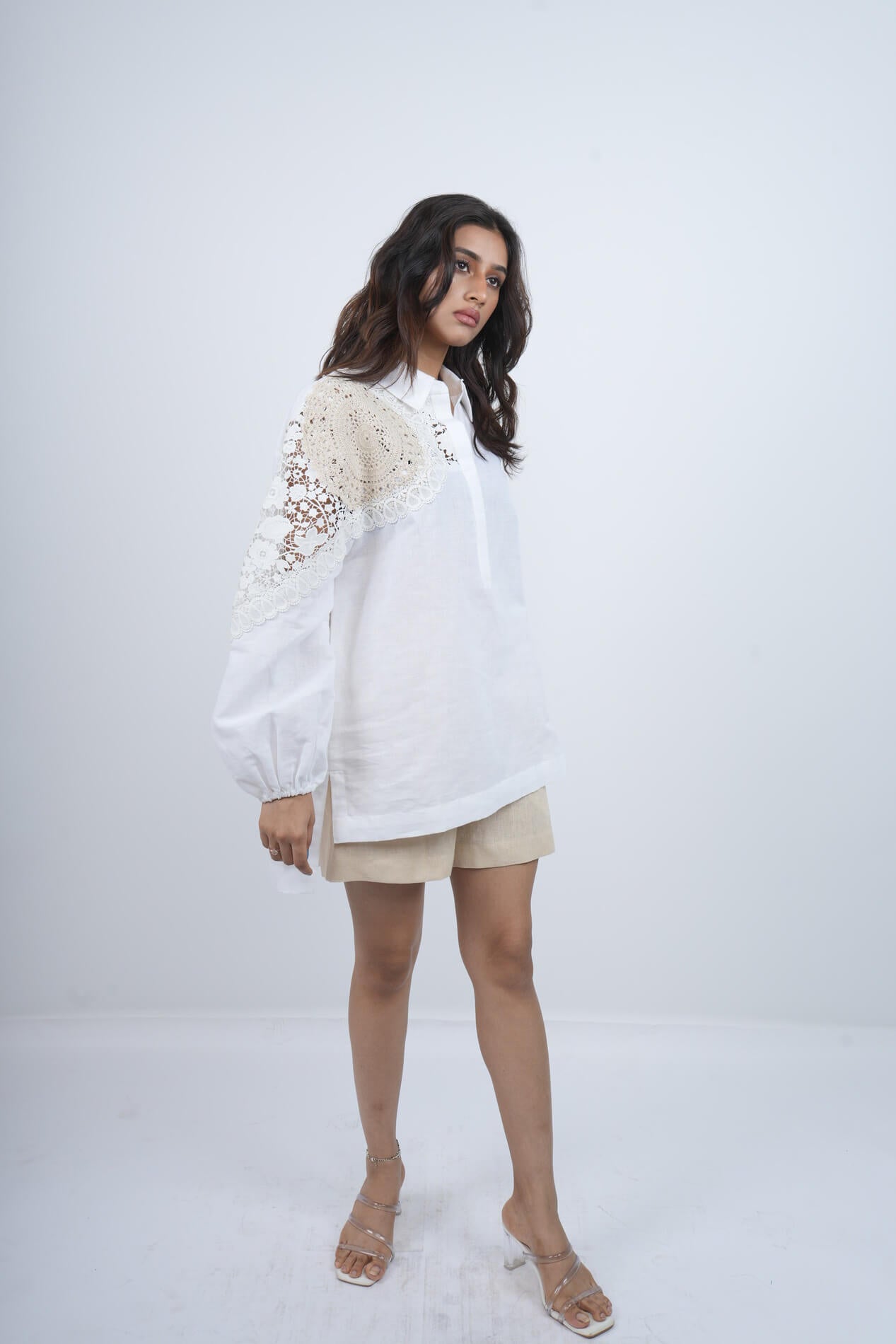 Desert Lace white Linen Shirt with natural linen shorts  Co-ord set