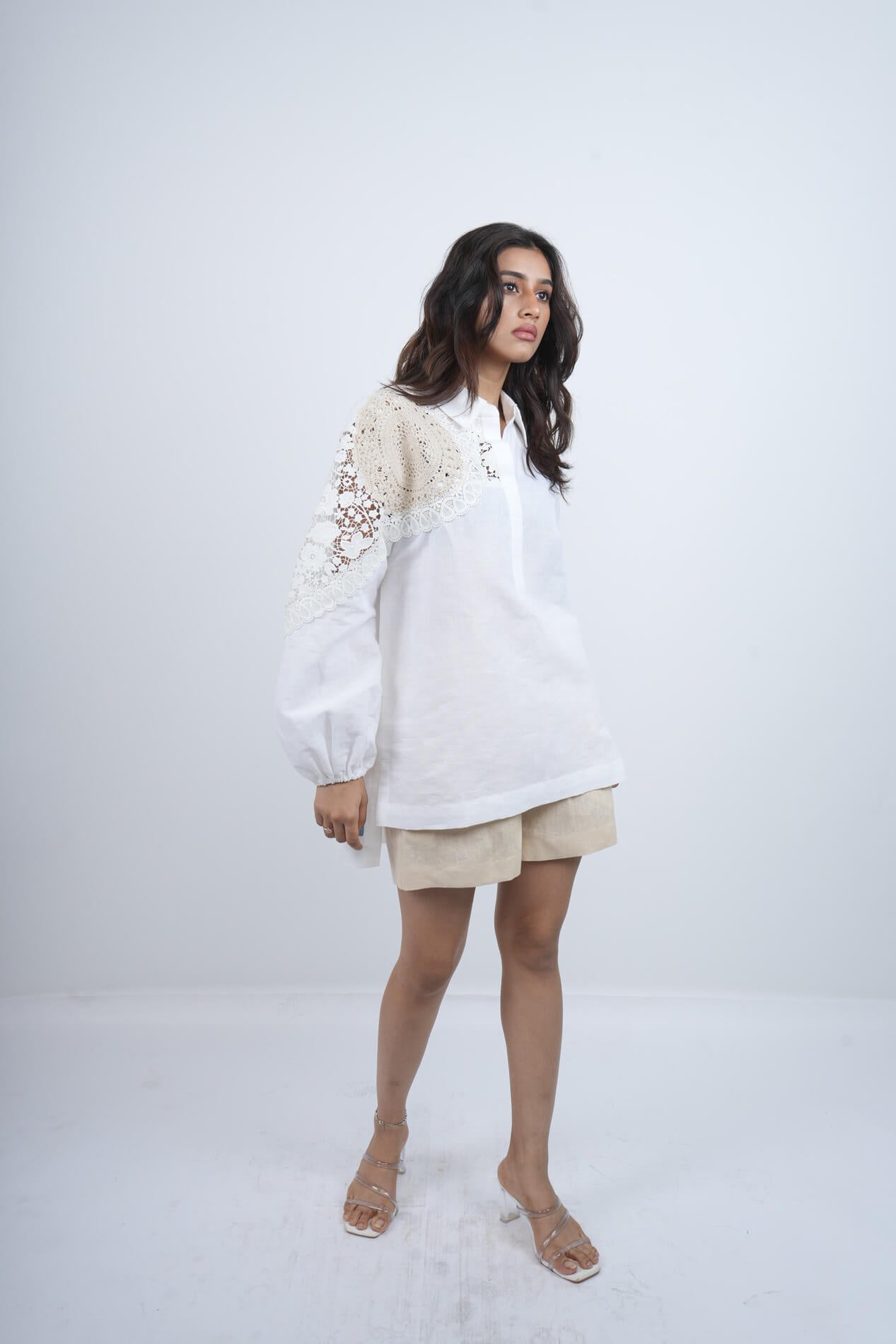 Desert Lace white Linen Shirt with natural linen shorts  Co-ord set