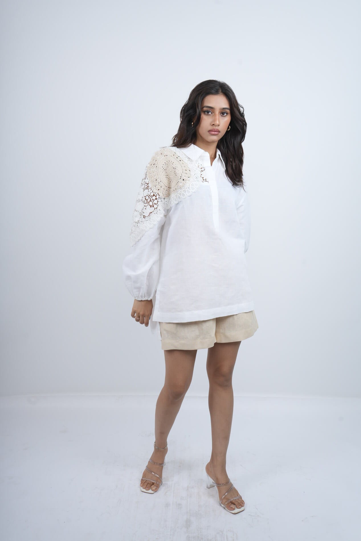 Desert Lace white Linen Shirt with natural linen shorts  Co-ord set
