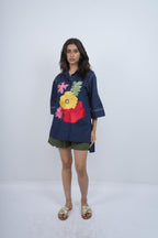 Midnight Bloom pure cotton twill Shirt top . With cotton linen shorts.