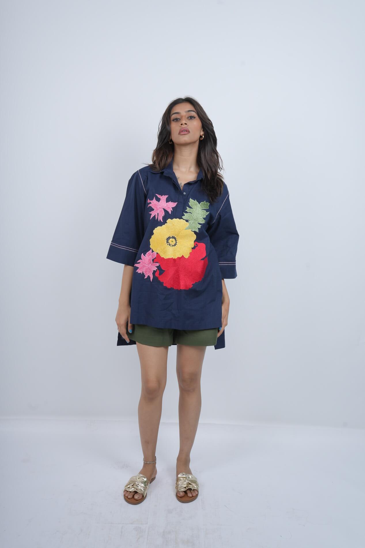 Midnight Bloom pure cotton twill Shirt top . With cotton linen shorts.