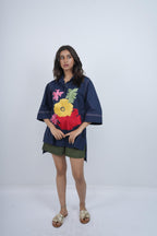 Midnight Bloom pure cotton twill Shirt top . With cotton linen shorts.