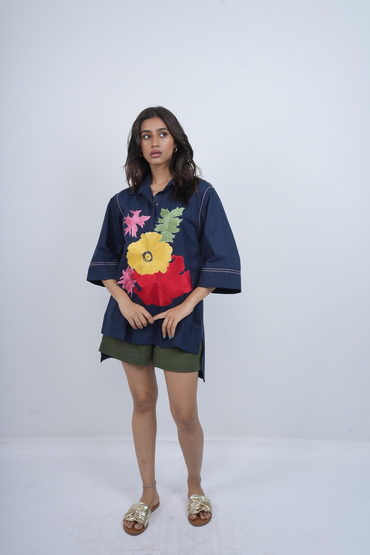 Midnight Bloom pure cotton twill Shirt top . With cotton linen shorts.