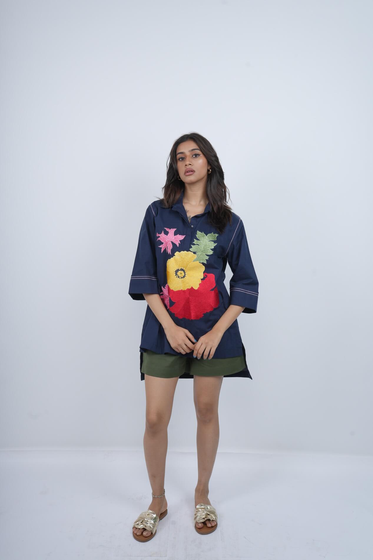 Midnight Bloom pure cotton twill Shirt top . With cotton linen shorts.