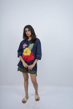 Midnight Bloom pure cotton twill Shirt top . With cotton linen shorts.