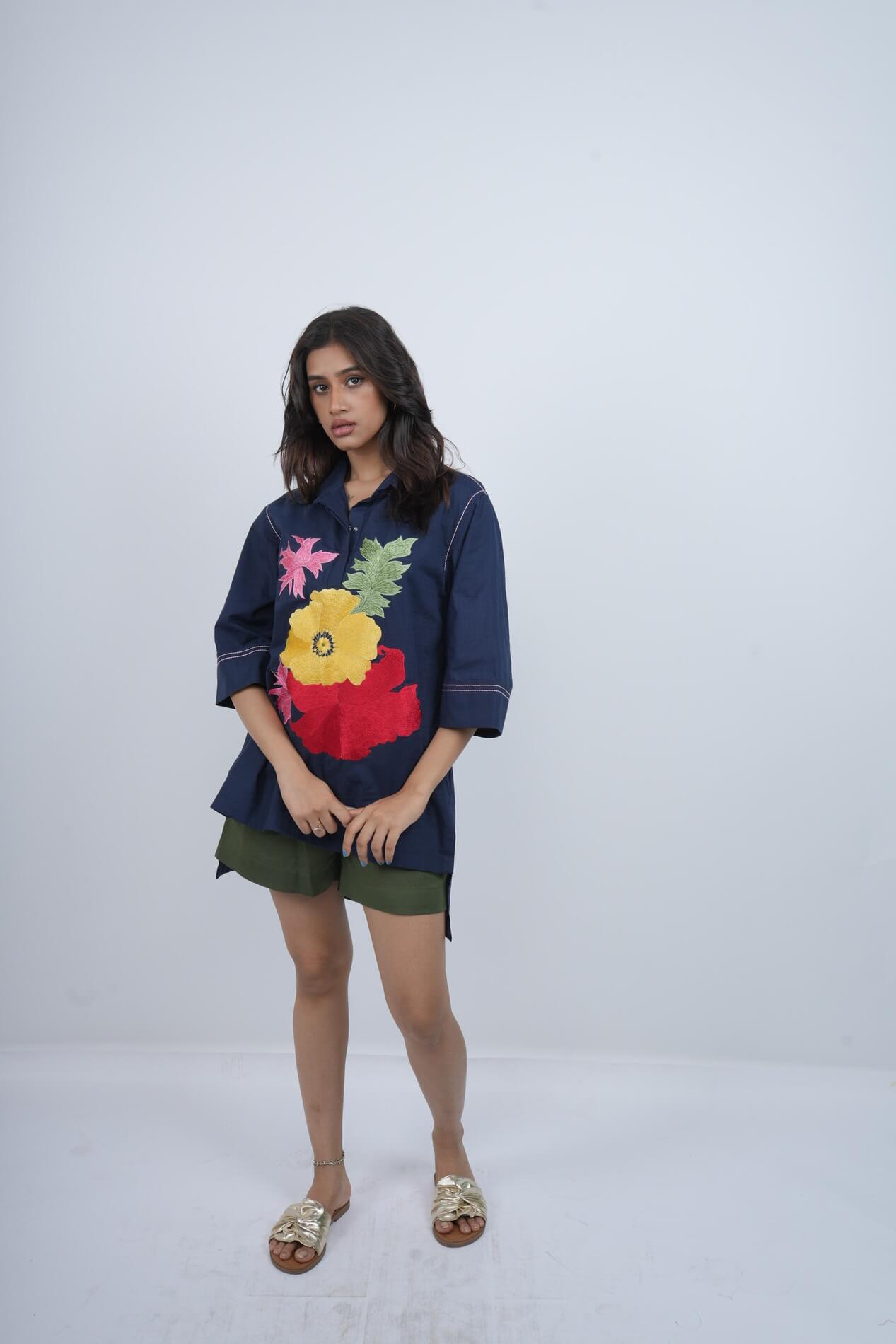 Midnight Bloom pure cotton twill Shirt top . With cotton linen shorts.