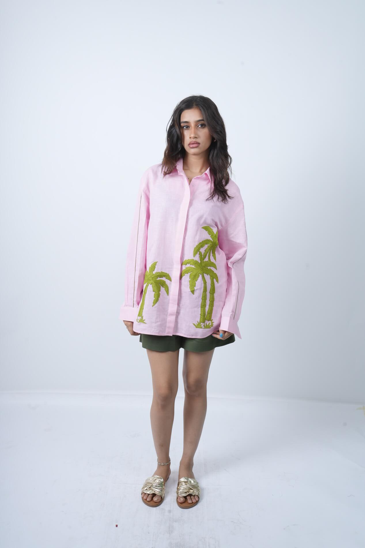 Palm Embroidered Linen Shirt