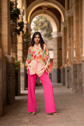 Blush Bloom Chiffon printed oversized top with crepe pants