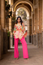 Blush Bloom Chiffon printed oversized top with crepe pants