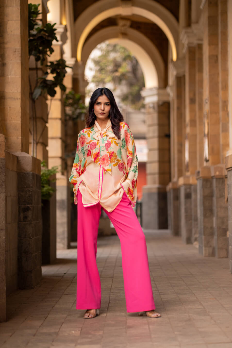 Blush Bloom Chiffon printed oversized top with crepe pants