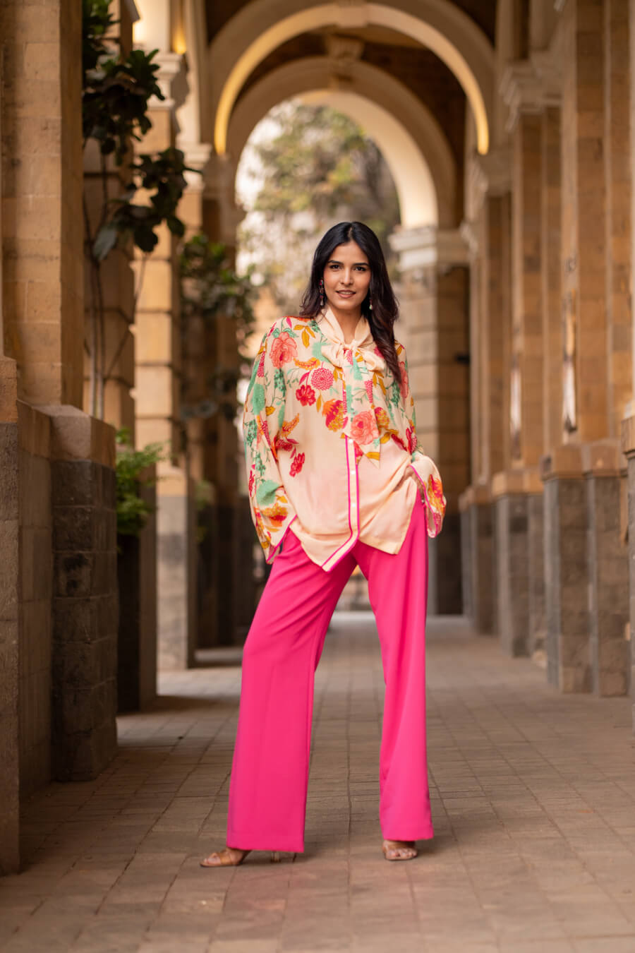 Blush Bloom Chiffon printed oversized top with crepe pants