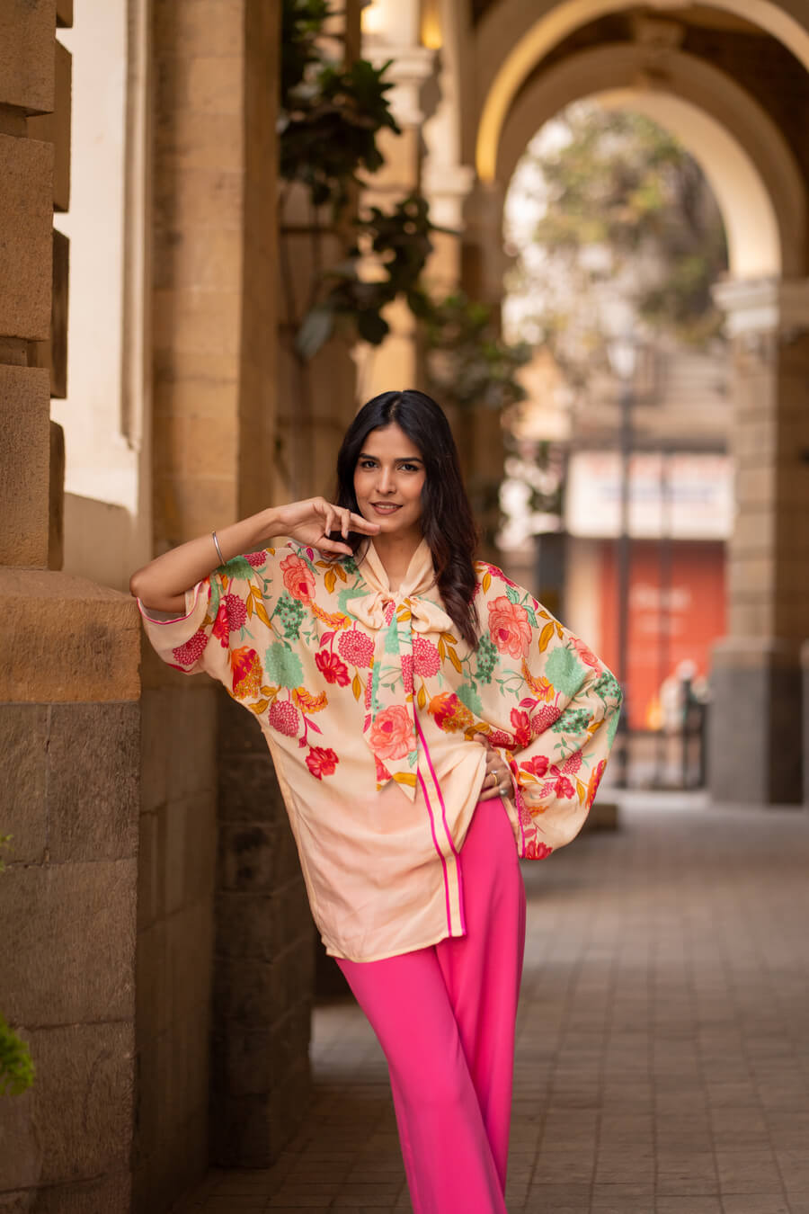 Blush Bloom Chiffon printed oversized top with crepe pants