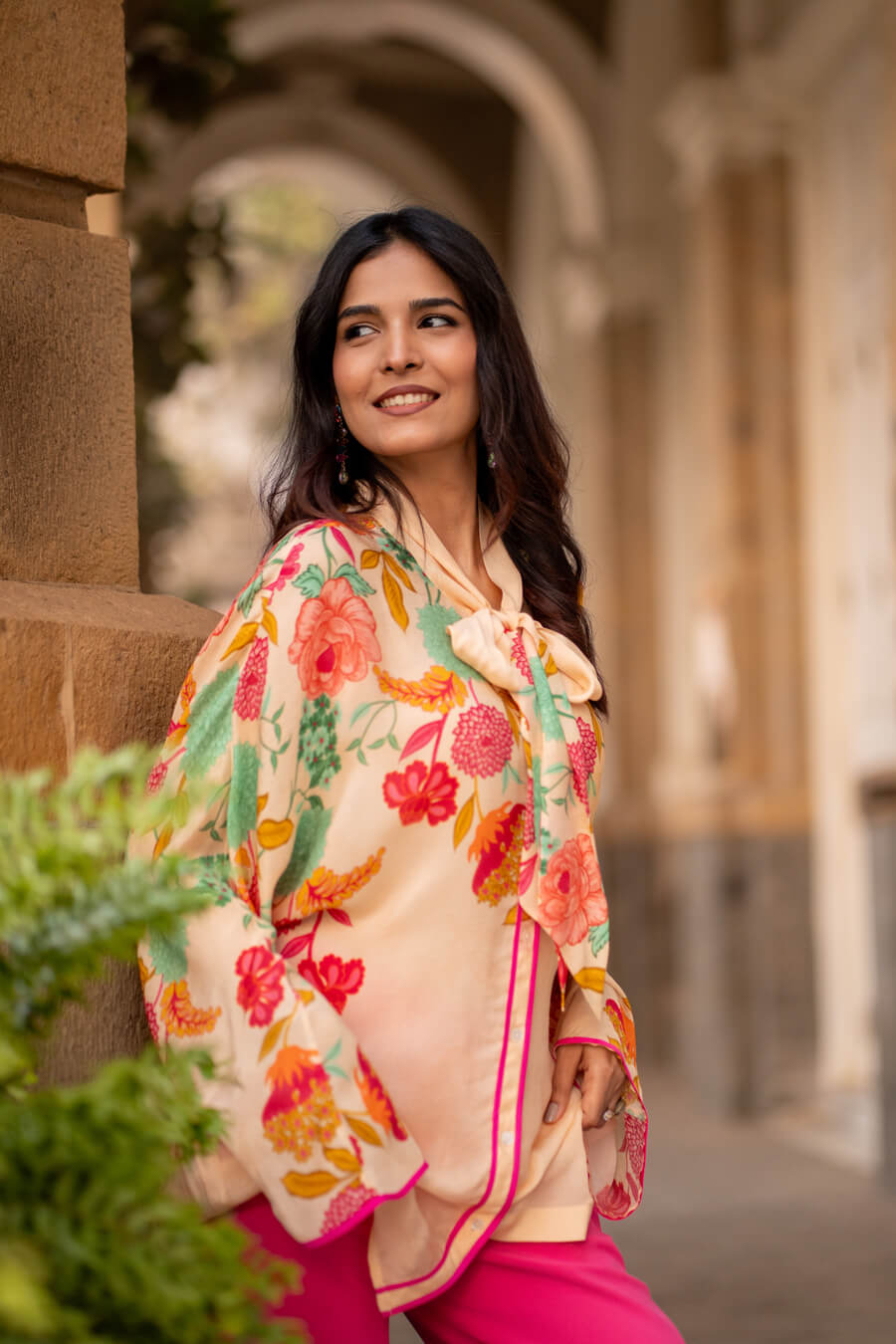 Blush Bloom Chiffon printed oversized top with crepe pants