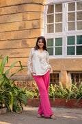 Ivory Linen Embroidered Top with Fuchsia Crepe Pants