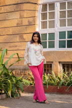 Ivory Linen Embroidered Top with Fuchsia Crepe Pants