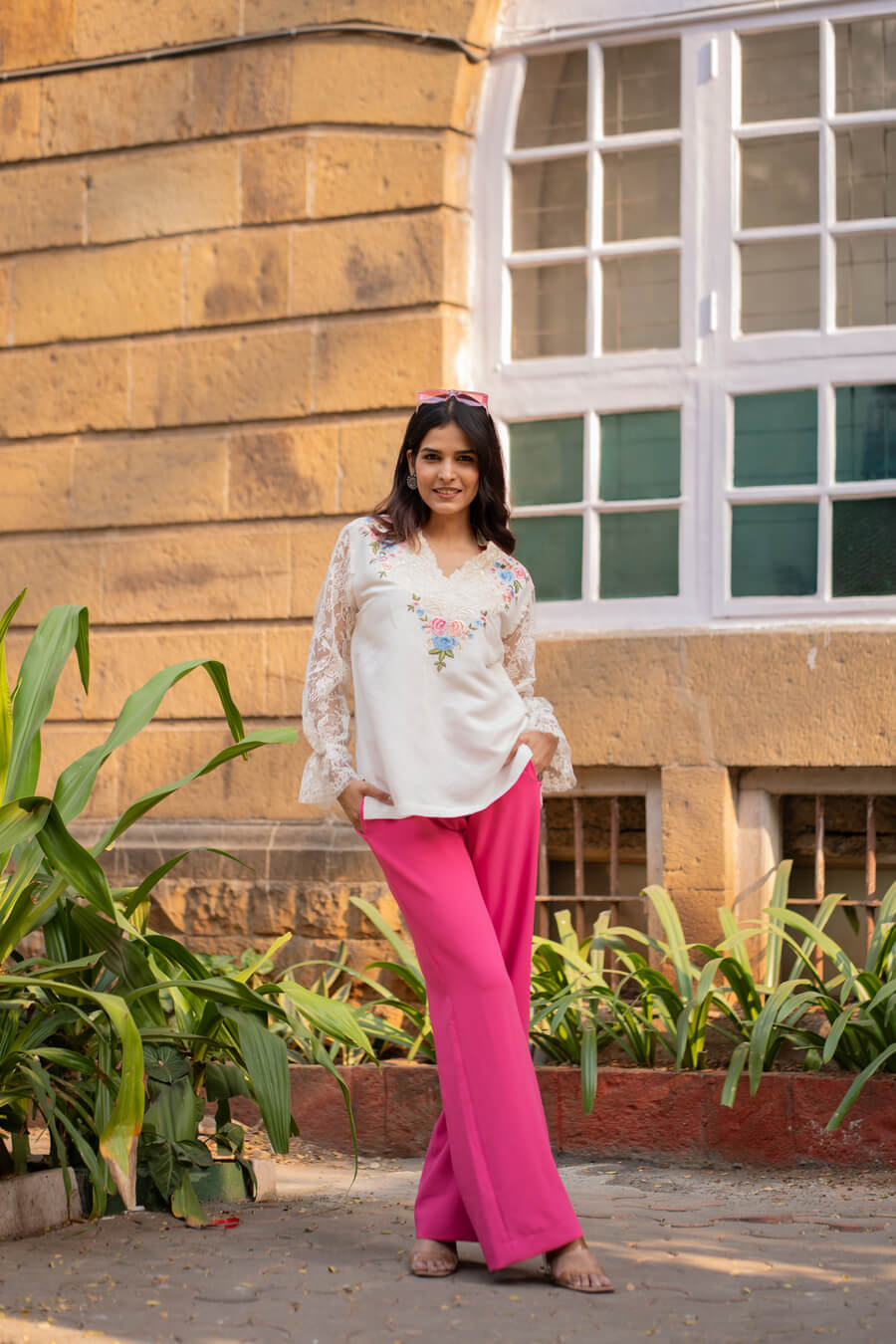 Ivory Linen Embroidered Top with Fuchsia Crepe Pants