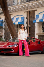 Ivory Linen Embroidered Top with Fuchsia Crepe Pants
