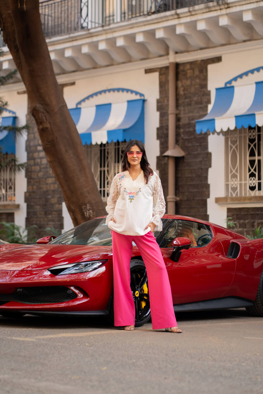 Ivory Linen Embroidered Top with Fuchsia Crepe Pants