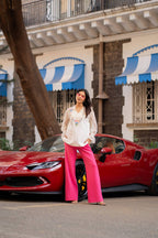 Ivory Linen Embroidered Top with Fuchsia Crepe Pants