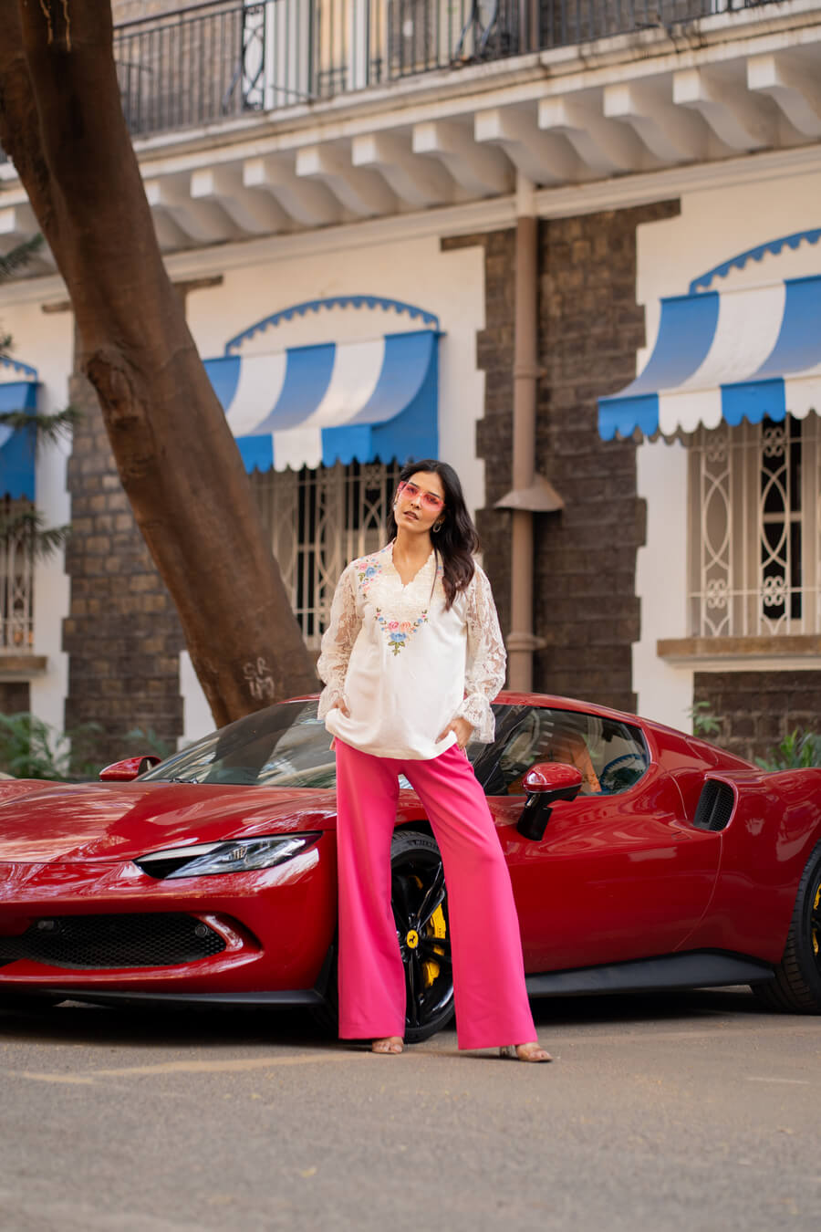 Ivory Linen Embroidered Top with Fuchsia Crepe Pants