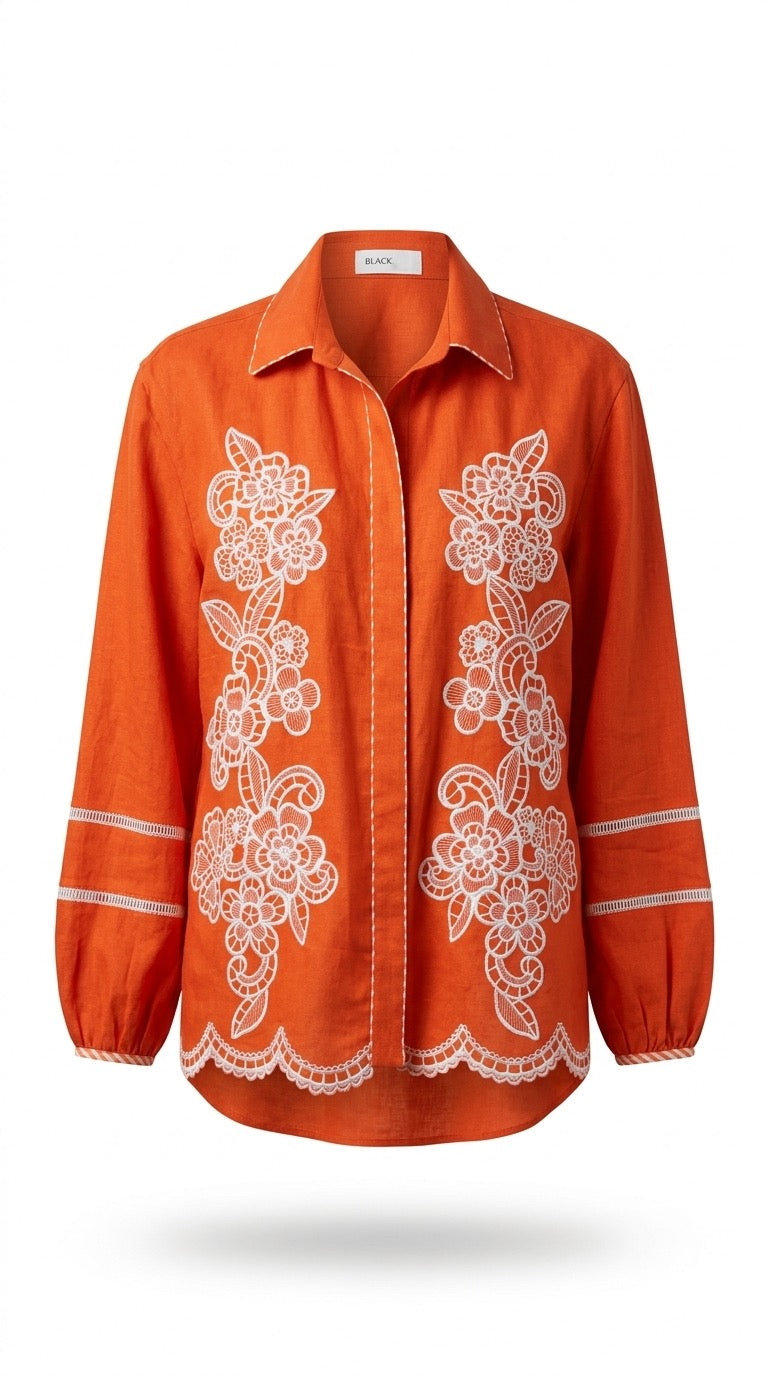 Coral Linen Hand Embroidered Shirt
