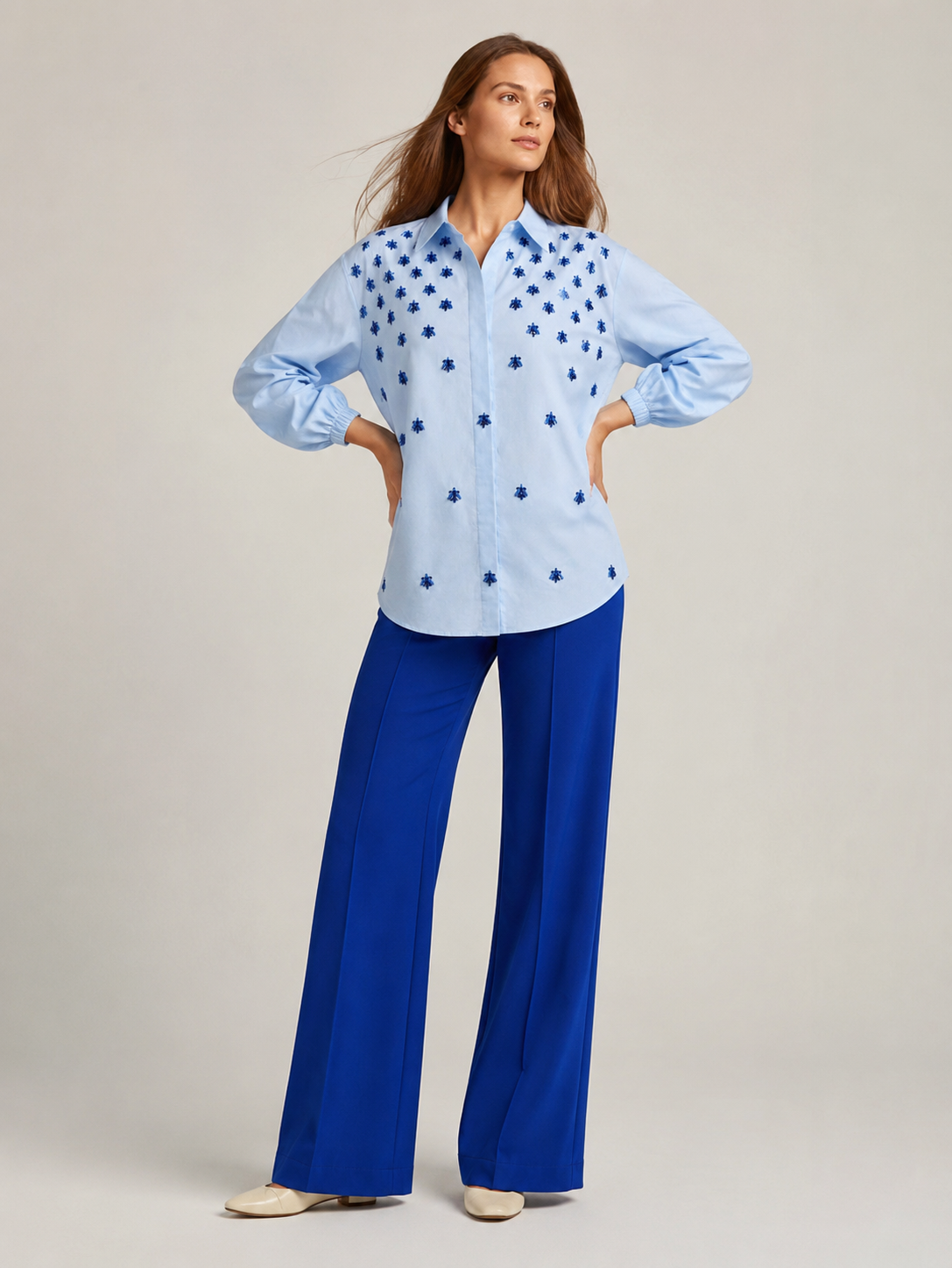 Azure Bloom Hand-Embroidered Linen Shirt