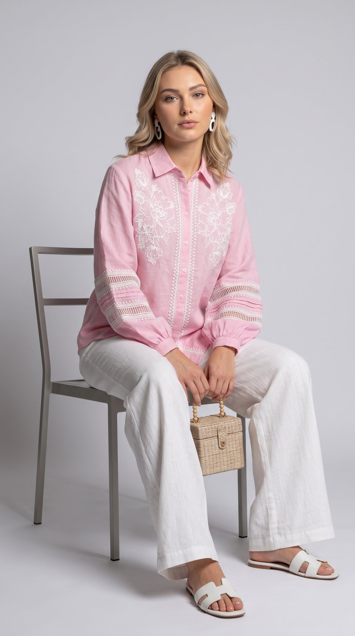 Blush Bloom Hand Embroidered Linen Shirt