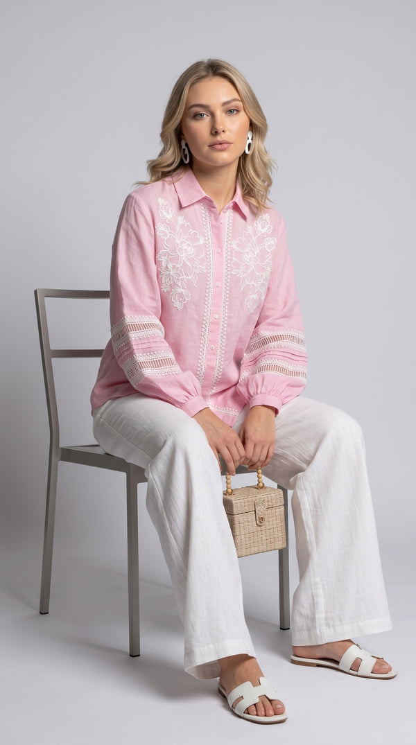 Blush Bloom Hand Embroidered Linen Shirt