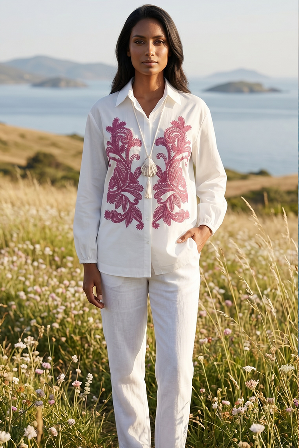 White Cotton Shirt with Fuchsia Pink Embroidery