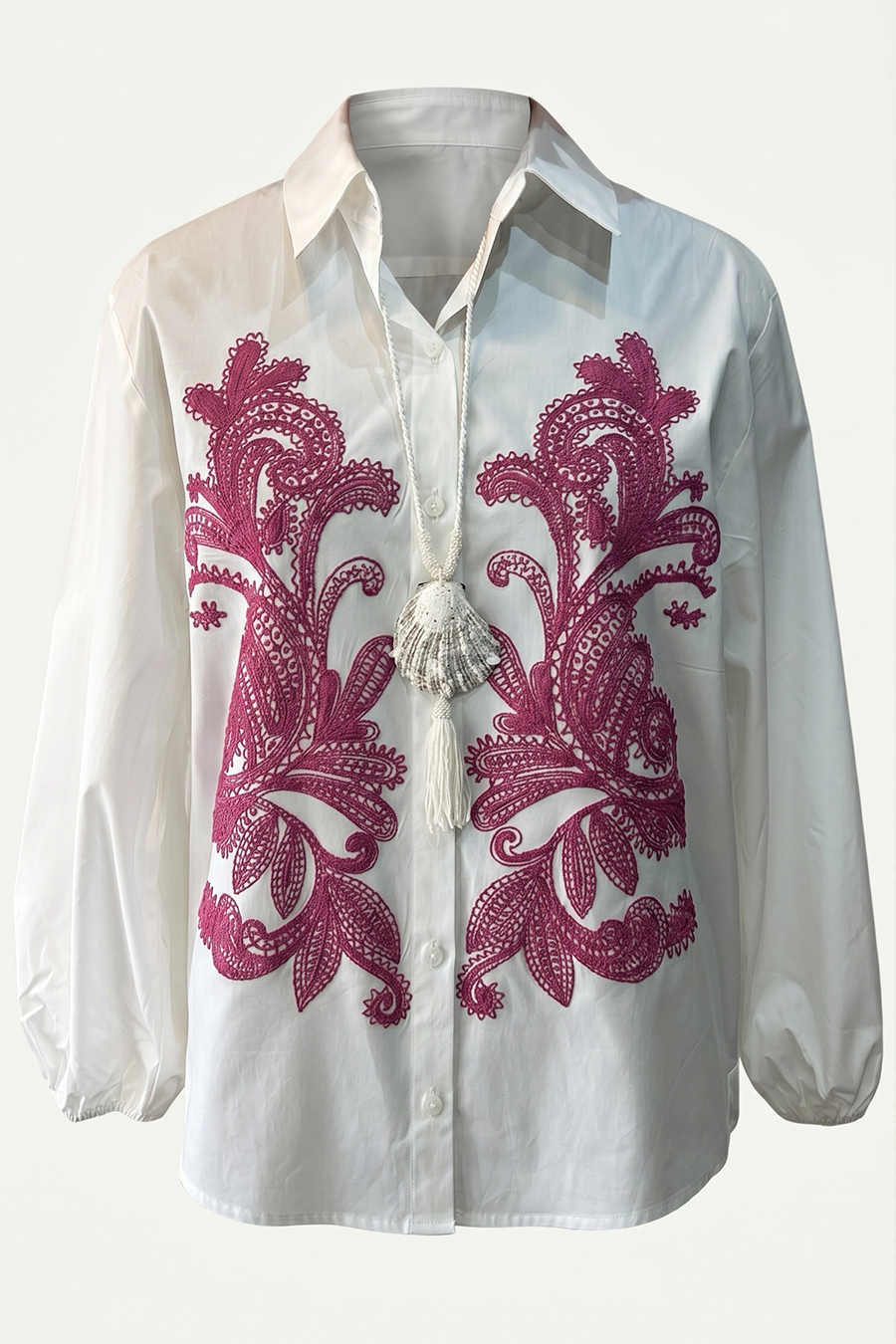 White Cotton Shirt with Fuchsia Pink Embroidery