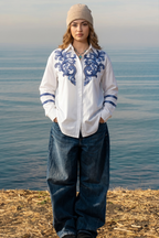 White Cotton Embroidered Shirt with Sleeve Detailing