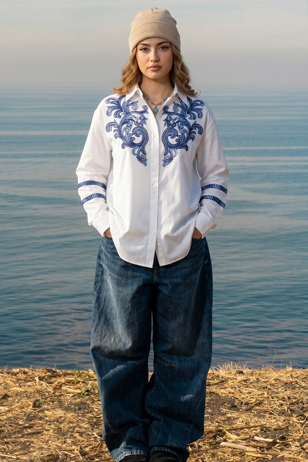 White Cotton Embroidered Shirt with Sleeve Detailing